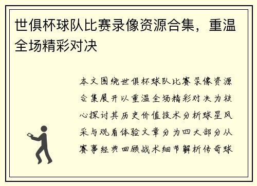 世俱杯球队比赛录像资源合集，重温全场精彩对决