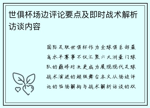 世俱杯场边评论要点及即时战术解析访谈内容